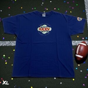 VTG 2001 Super Bowl XXXV Tampa Florida Short Sleeve T-Shirt Navy Blue • XL